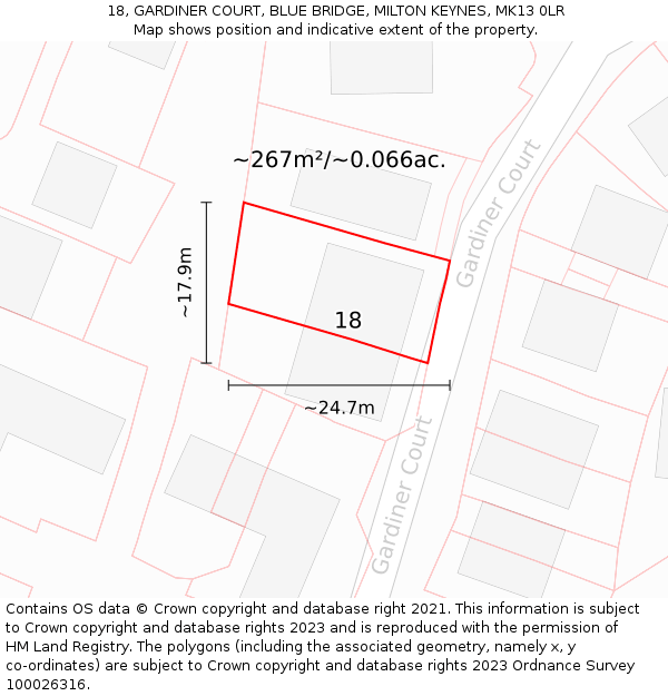 18, GARDINER COURT, BLUE BRIDGE, MILTON KEYNES, MK13 0LR: Plot and title map