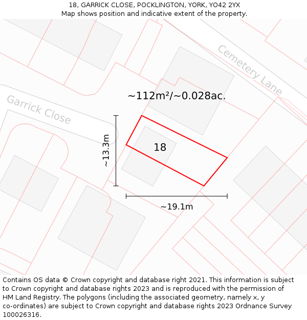 18, GARRICK CLOSE, POCKLINGTON, YORK, YO42 2YX: Plot and title map