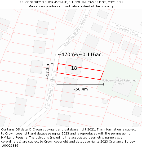 18, GEOFFREY BISHOP AVENUE, FULBOURN, CAMBRIDGE, CB21 5BU: Plot and title map