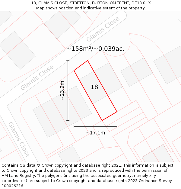 18, GLAMIS CLOSE, STRETTON, BURTON-ON-TRENT, DE13 0HX: Plot and title map