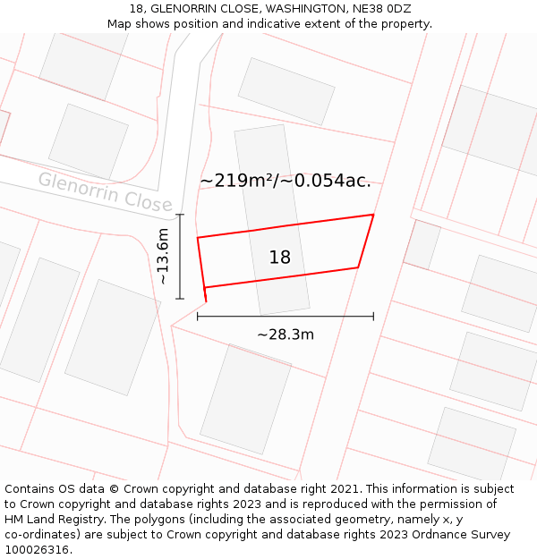 18, GLENORRIN CLOSE, WASHINGTON, NE38 0DZ: Plot and title map