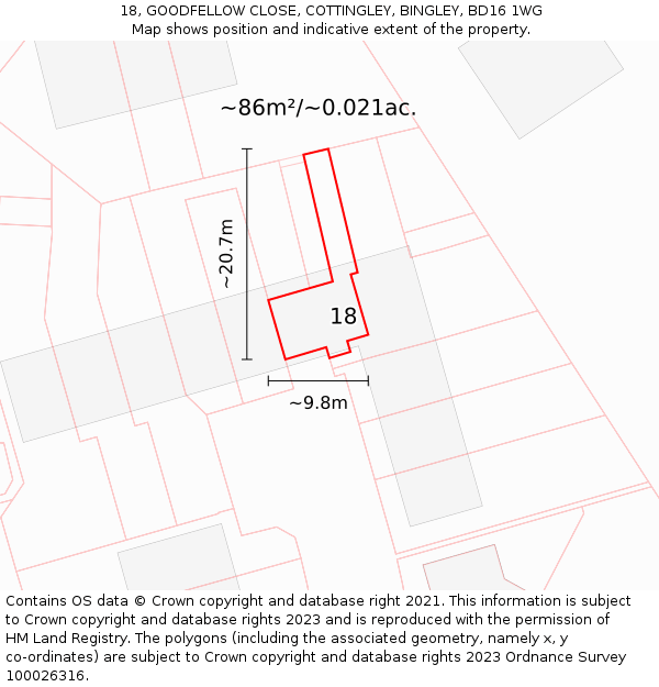 18, GOODFELLOW CLOSE, COTTINGLEY, BINGLEY, BD16 1WG: Plot and title map
