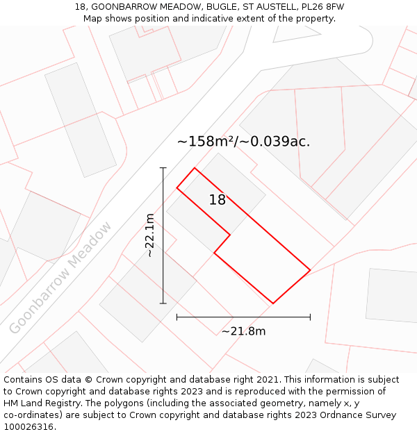 18, GOONBARROW MEADOW, BUGLE, ST AUSTELL, PL26 8FW: Plot and title map