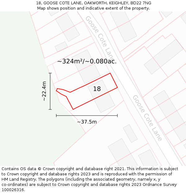 18, GOOSE COTE LANE, OAKWORTH, KEIGHLEY, BD22 7NG: Plot and title map