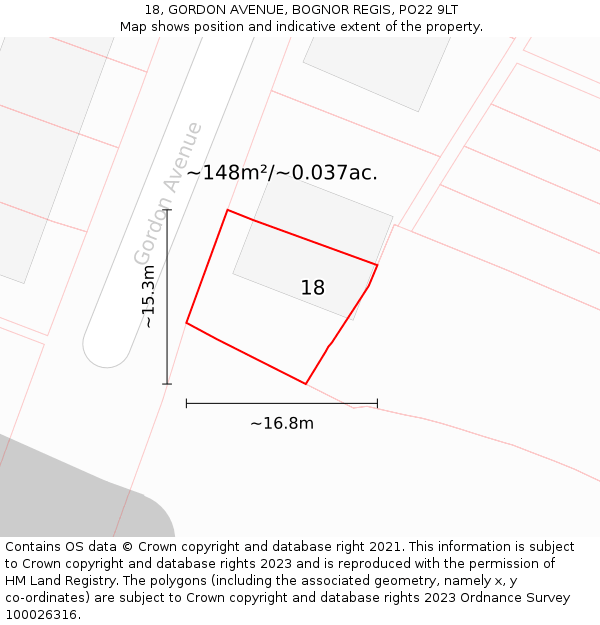 18, GORDON AVENUE, BOGNOR REGIS, PO22 9LT: Plot and title map