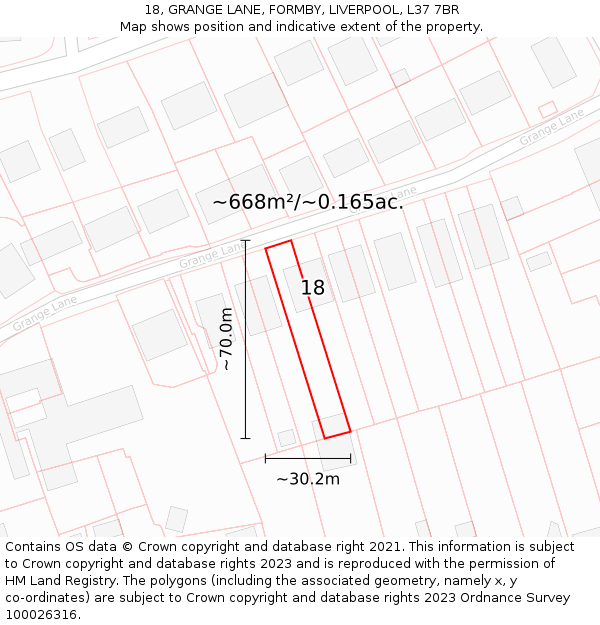 18, GRANGE LANE, FORMBY, LIVERPOOL, L37 7BR: Plot and title map