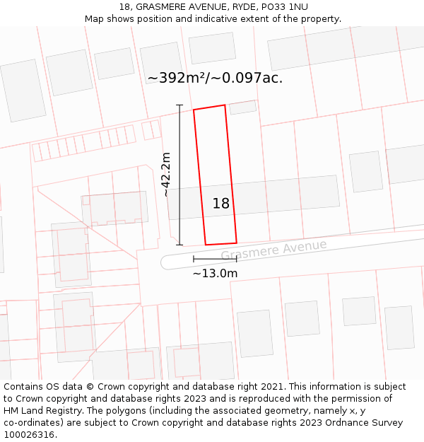 18, GRASMERE AVENUE, RYDE, PO33 1NU: Plot and title map