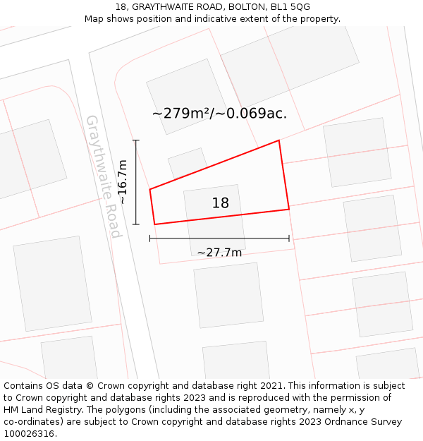 18, GRAYTHWAITE ROAD, BOLTON, BL1 5QG: Plot and title map