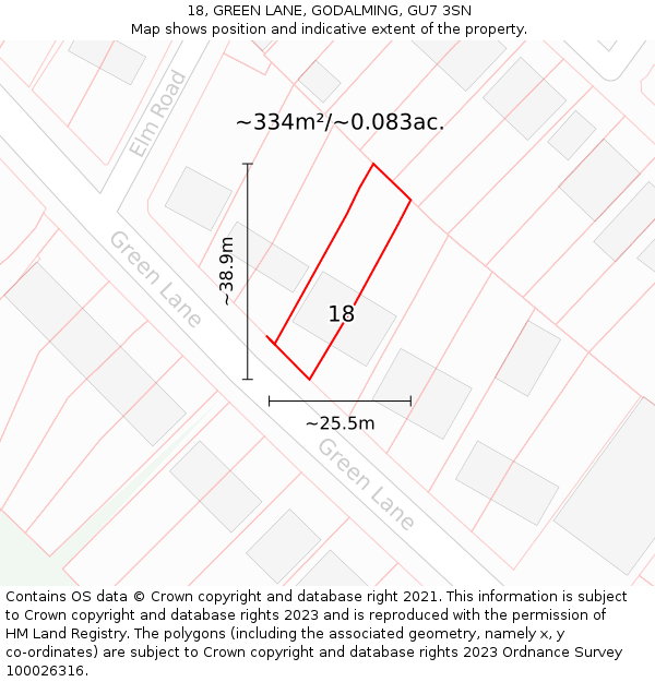 18, GREEN LANE, GODALMING, GU7 3SN: Plot and title map