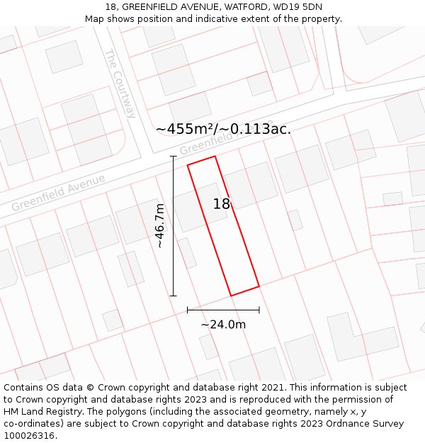 18, GREENFIELD AVENUE, WATFORD, WD19 5DN: Plot and title map