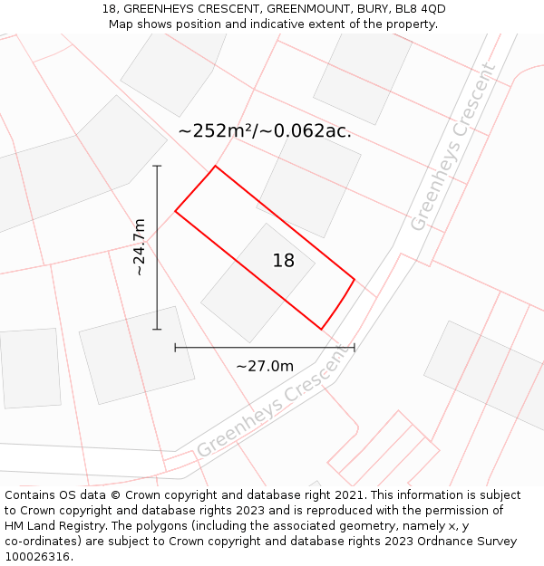 18, GREENHEYS CRESCENT, GREENMOUNT, BURY, BL8 4QD: Plot and title map