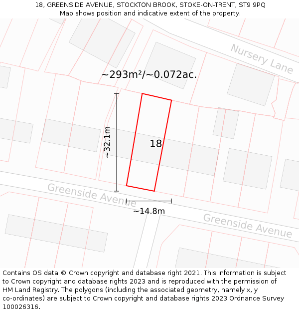 18, GREENSIDE AVENUE, STOCKTON BROOK, STOKE-ON-TRENT, ST9 9PQ: Plot and title map