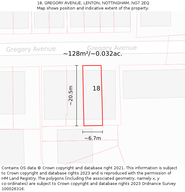 18, GREGORY AVENUE, LENTON, NOTTINGHAM, NG7 2EQ: Plot and title map