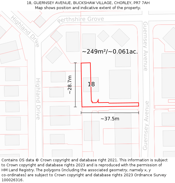 18, GUERNSEY AVENUE, BUCKSHAW VILLAGE, CHORLEY, PR7 7AH: Plot and title map