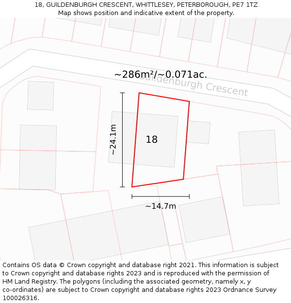 18, GUILDENBURGH CRESCENT, WHITTLESEY, PETERBOROUGH, PE7 1TZ: Plot and title map