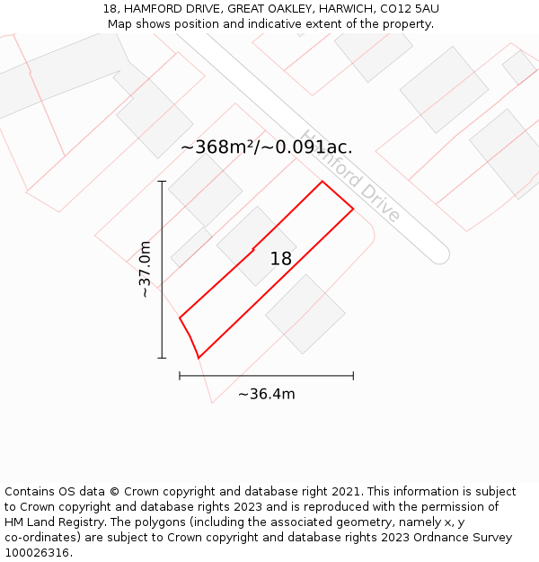 18, HAMFORD DRIVE, GREAT OAKLEY, HARWICH, CO12 5AU: Plot and title map