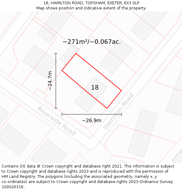 18, HAMILTON ROAD, TOPSHAM, EXETER, EX3 0LP: Plot and title map