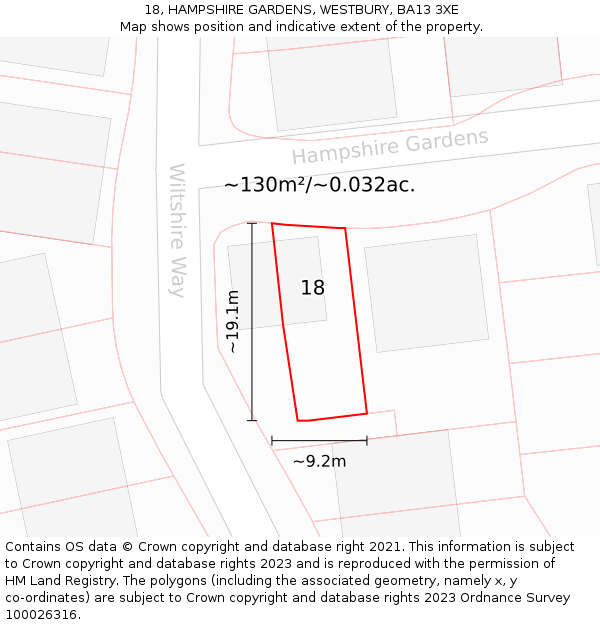 18, HAMPSHIRE GARDENS, WESTBURY, BA13 3XE: Plot and title map