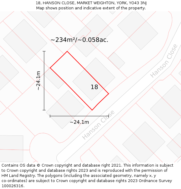 18, HANSON CLOSE, MARKET WEIGHTON, YORK, YO43 3NJ: Plot and title map