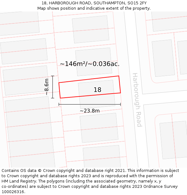 18, HARBOROUGH ROAD, SOUTHAMPTON, SO15 2FY: Plot and title map