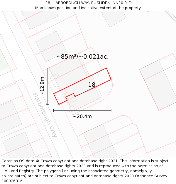 18, HARBOROUGH WAY, RUSHDEN, NN10 0LD: Plot and title map