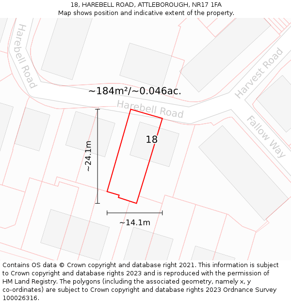 18, HAREBELL ROAD, ATTLEBOROUGH, NR17 1FA: Plot and title map