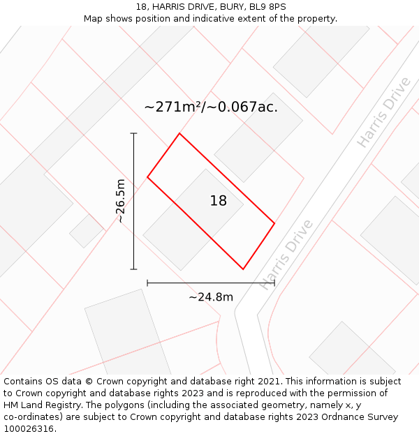 18, HARRIS DRIVE, BURY, BL9 8PS: Plot and title map