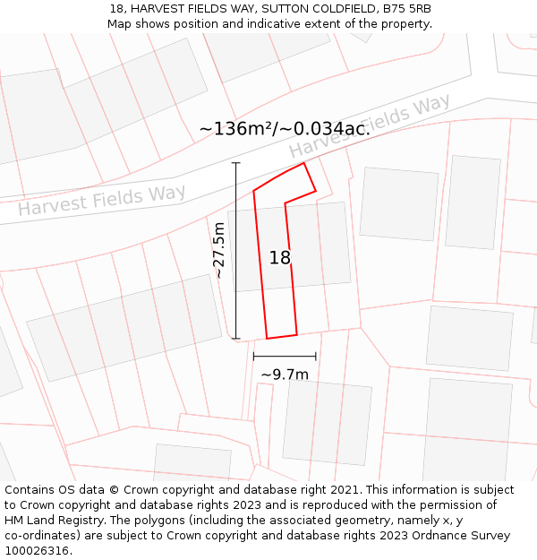 18, HARVEST FIELDS WAY, SUTTON COLDFIELD, B75 5RB: Plot and title map