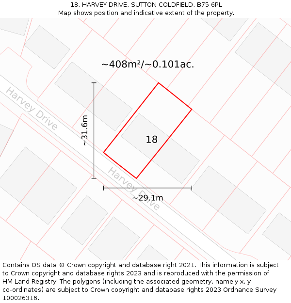 18, HARVEY DRIVE, SUTTON COLDFIELD, B75 6PL: Plot and title map