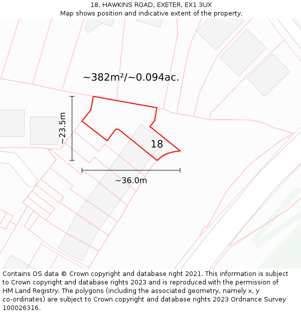 18, HAWKINS ROAD, EXETER, EX1 3UX: Plot and title map