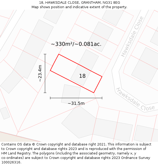 18, HAWKSDALE CLOSE, GRANTHAM, NG31 8EG: Plot and title map