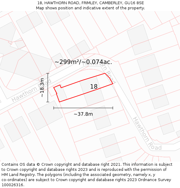 18, HAWTHORN ROAD, FRIMLEY, CAMBERLEY, GU16 8SE: Plot and title map