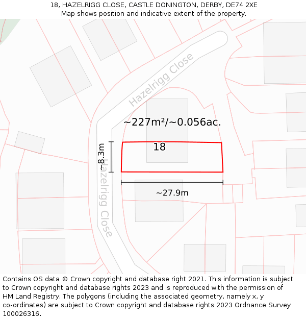 18, HAZELRIGG CLOSE, CASTLE DONINGTON, DERBY, DE74 2XE: Plot and title map