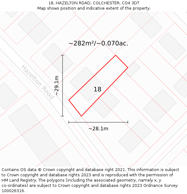 18, HAZELTON ROAD, COLCHESTER, CO4 3DT: Plot and title map