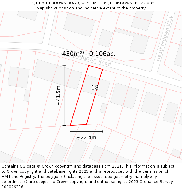 18, HEATHERDOWN ROAD, WEST MOORS, FERNDOWN, BH22 0BY: Plot and title map