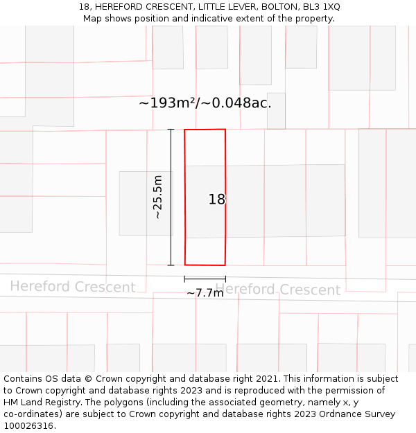 18, HEREFORD CRESCENT, LITTLE LEVER, BOLTON, BL3 1XQ: Plot and title map