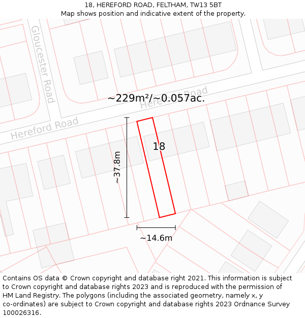 18, HEREFORD ROAD, FELTHAM, TW13 5BT: Plot and title map