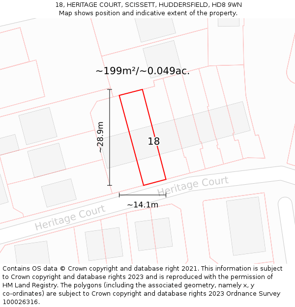 18, HERITAGE COURT, SCISSETT, HUDDERSFIELD, HD8 9WN: Plot and title map