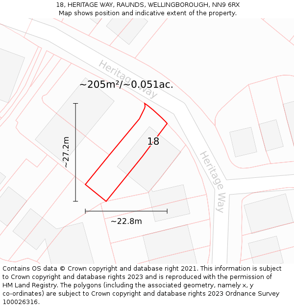 18, HERITAGE WAY, RAUNDS, WELLINGBOROUGH, NN9 6RX: Plot and title map