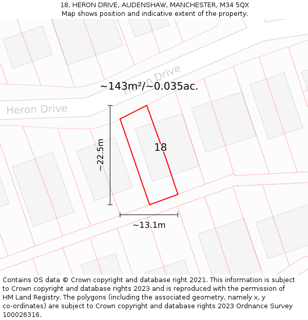 18, HERON DRIVE, AUDENSHAW, MANCHESTER, M34 5QX: Plot and title map