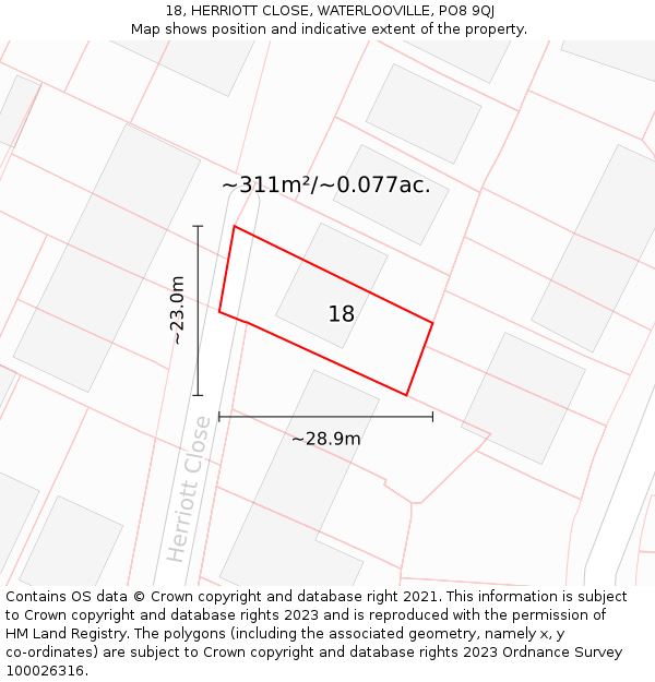18, HERRIOTT CLOSE, WATERLOOVILLE, PO8 9QJ: Plot and title map