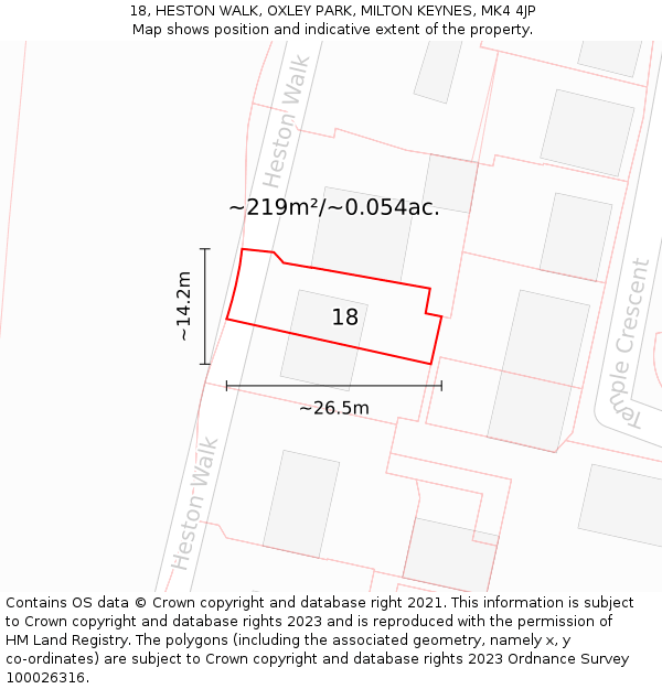 18, HESTON WALK, OXLEY PARK, MILTON KEYNES, MK4 4JP: Plot and title map