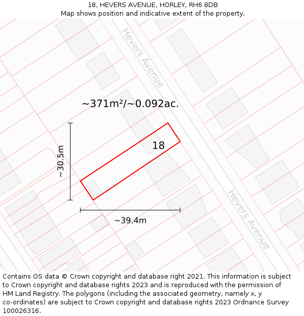 18, HEVERS AVENUE, HORLEY, RH6 8DB: Plot and title map