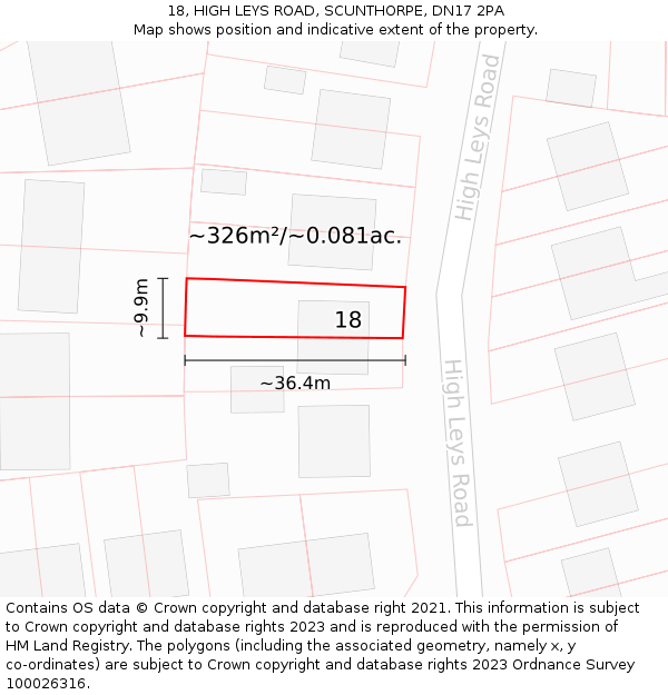 18, HIGH LEYS ROAD, SCUNTHORPE, DN17 2PA: Plot and title map