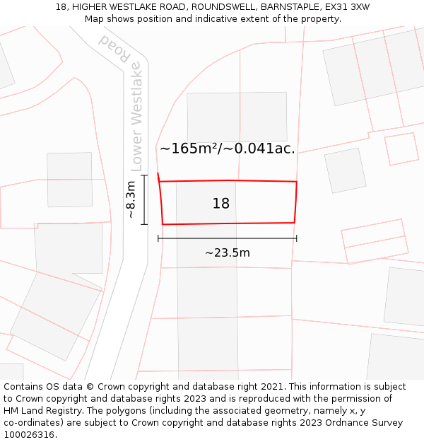 18, HIGHER WESTLAKE ROAD, ROUNDSWELL, BARNSTAPLE, EX31 3XW: Plot and title map