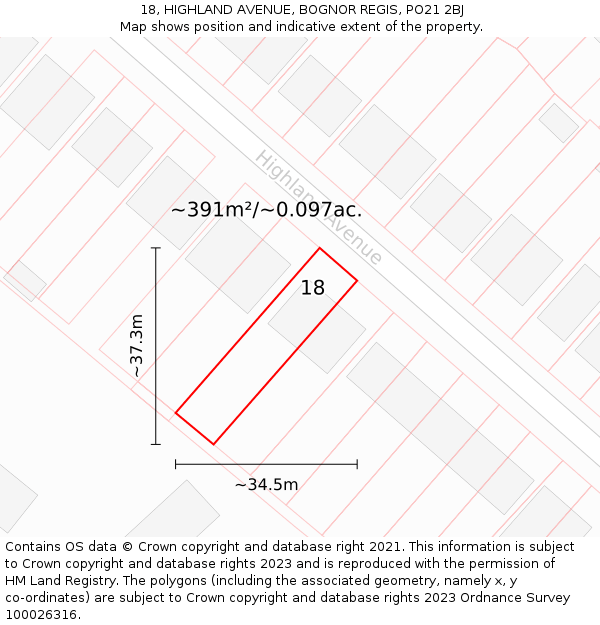 18, HIGHLAND AVENUE, BOGNOR REGIS, PO21 2BJ: Plot and title map