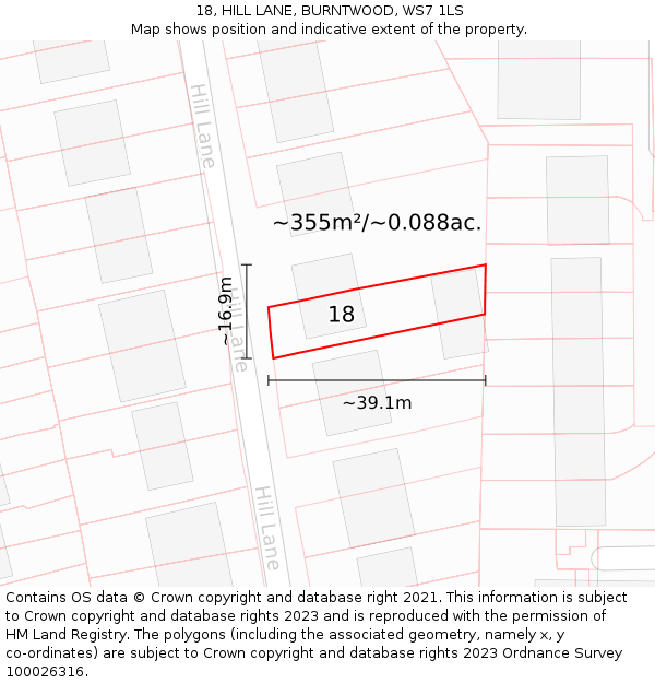 18, HILL LANE, BURNTWOOD, WS7 1LS: Plot and title map