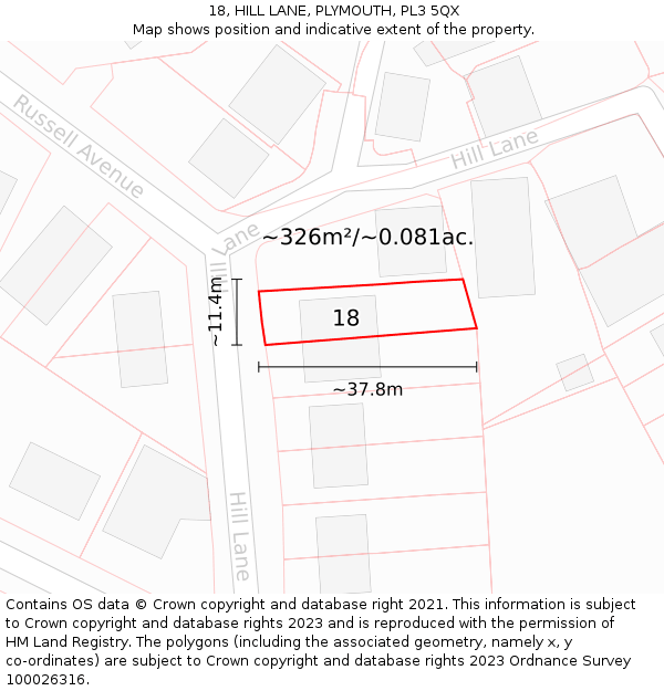 18, HILL LANE, PLYMOUTH, PL3 5QX: Plot and title map