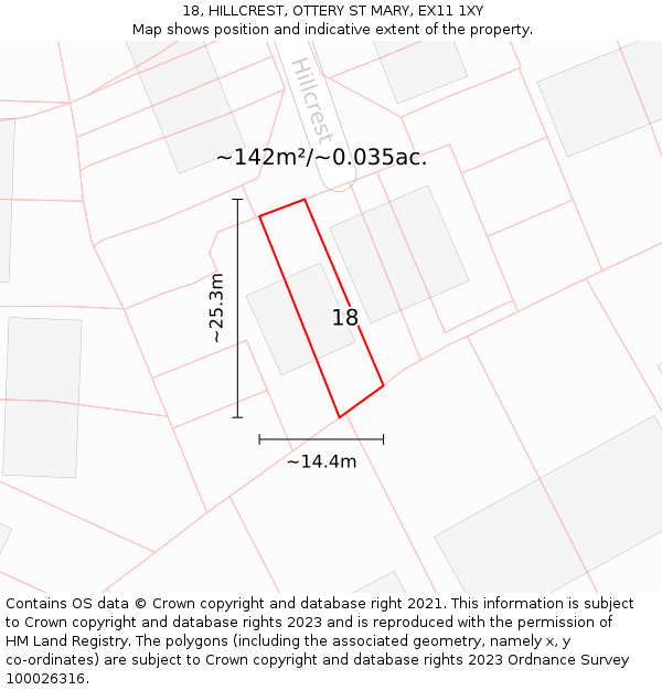 18, HILLCREST, OTTERY ST MARY, EX11 1XY: Plot and title map