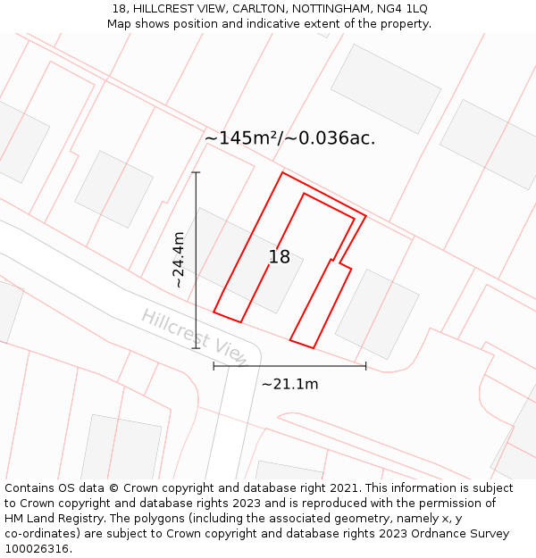 18, HILLCREST VIEW, CARLTON, NOTTINGHAM, NG4 1LQ: Plot and title map